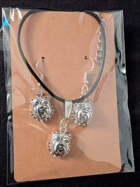 Hand Crafted Silver Bulldog Charm Necklace & Earrings Set on Black Cord